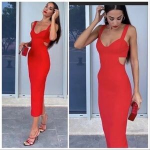 ZARA Blogger Favorite Red Cutout Strappy Bodycon Midi Dress XS NWT Valentines